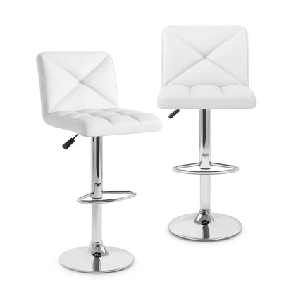 PU Leather Upholstered Bar Stools Set of 2 with Back and Adjustable Height-White - White - Bar Stools