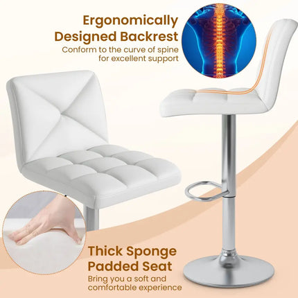 PU Leather Upholstered Bar Stools Set of 2 with Back and Adjustable Height-White - White - Bar Stools