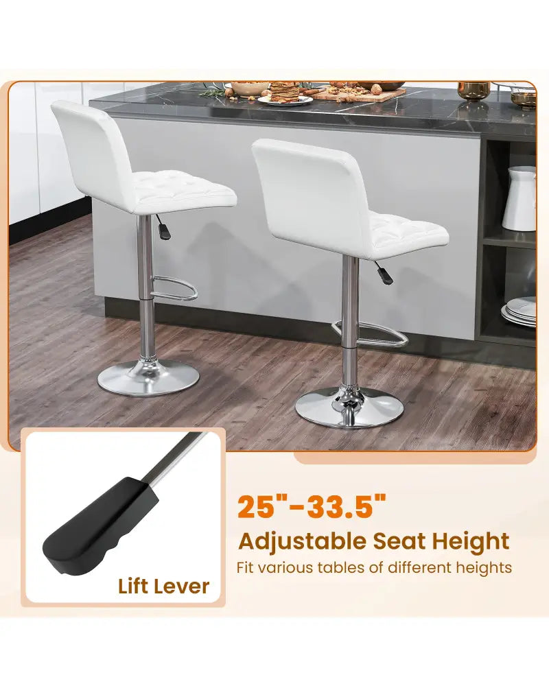 PU Leather Upholstered Bar Stools Set of 2 with Back and Adjustable Height-White - White - Bar Stools