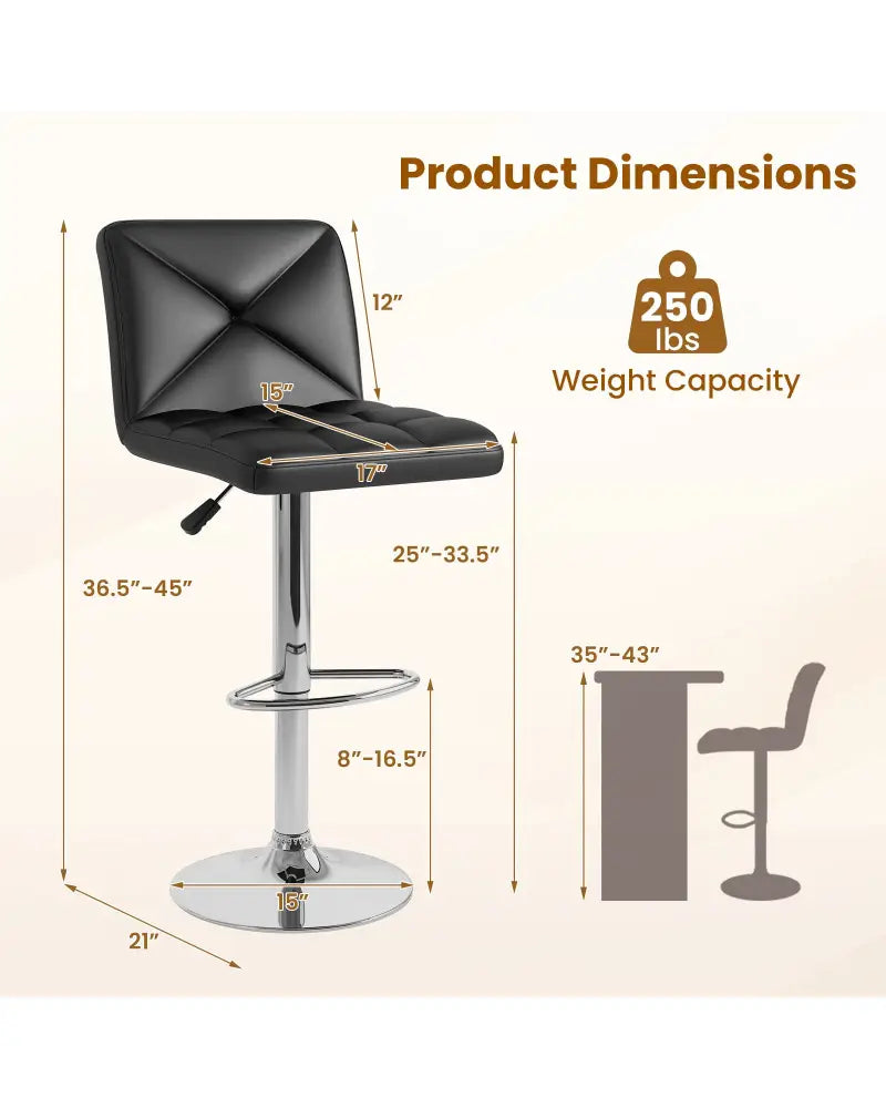 PU Leather Upholstered Bar Stools Set of 2 with Back and Adjustable Height-Black - Black - Bar Stools