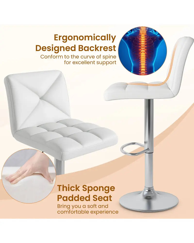 PU Leather Upholstered Bar Stools Set of 2 with Back and Adjustable Height-White - White - Bar Stools
