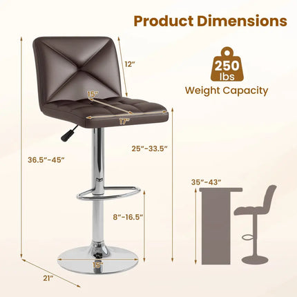 PU Leather Upholstered Bar Stools Set of 2 with Back and Adjustable Height-Brown - Brown - Bar Stools