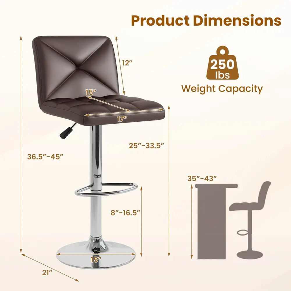 PU Leather Upholstered Bar Stools Set of 2 with Back and Adjustable Height-Brown - Brown - Bar Stools