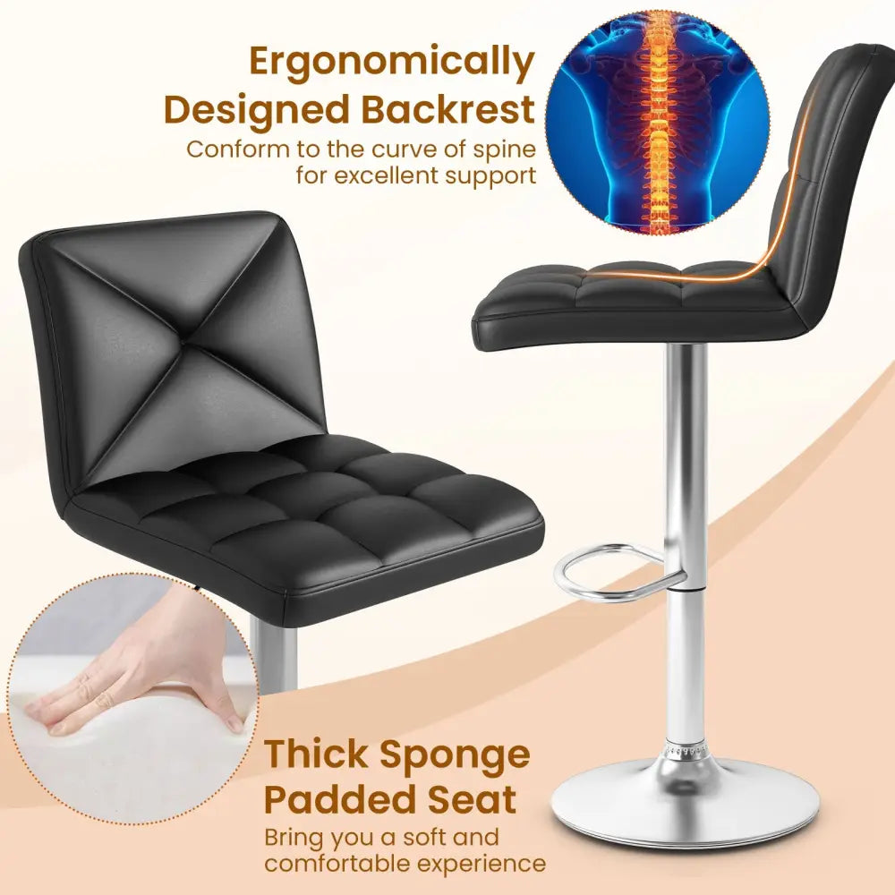 PU Leather Upholstered Bar Stools Set of 2 with Back and Adjustable Height-Black - Black - Bar Stools