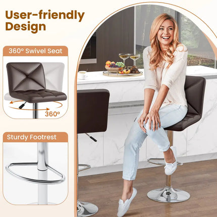 PU Leather Upholstered Bar Stools Set of 2 with Back and Adjustable Height-Brown - Brown - Bar Stools