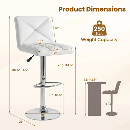 PU Leather Upholstered Bar Stools Set of 2 with Back and Adjustable Height-White - White - Bar Stools