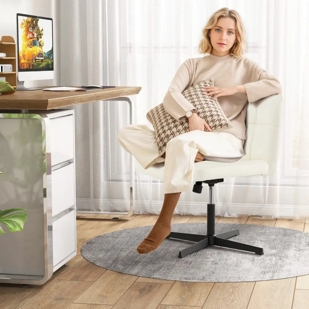PU Leather Upholstered Cross-legged Office Chair with Oversized U-shaped Seat for Home Office Make Up-Beige - Beige