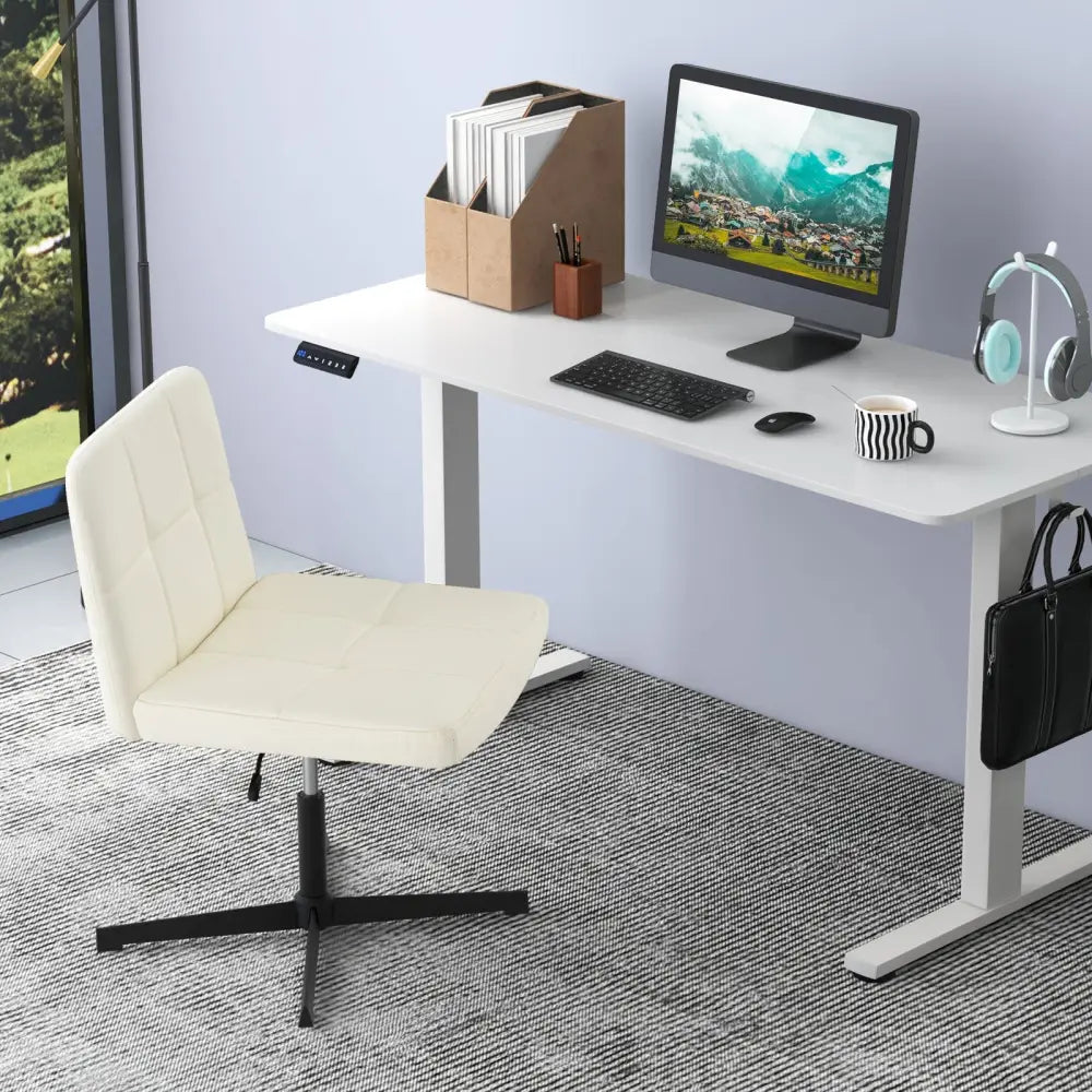 PU Leather Upholstered Cross-legged Office Chair with Oversized U-shaped Seat for Home Office Make Up-Beige - Beige