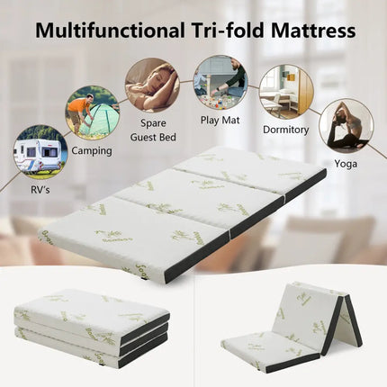 Queen 3 Inch Tri-fold Memory Foam Floor Mattress Topper Portable with Carrying Bag-S - White - Mattresses