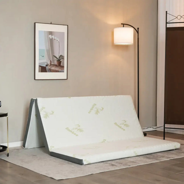 Queen 3 Inch Tri-fold Memory Foam Floor Mattress Topper Portable with Carrying Bag-M - White - Mattresses