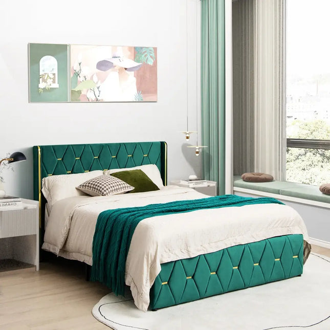 Queen/Full Size Upholstered Platform Bed Frame with Adjustable Headboard-Full Size - Green - Simple Bed Frame