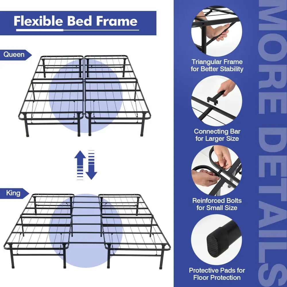 Queen/King Size Folding Steel Platform Bed Frame for Kids and Adults-King Size - Black - Folding Beds