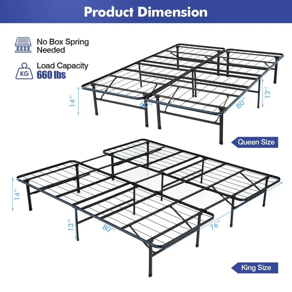 Queen/King Size Folding Steel Platform Bed Frame for Kids and Adults-King Size - Black - Folding Beds