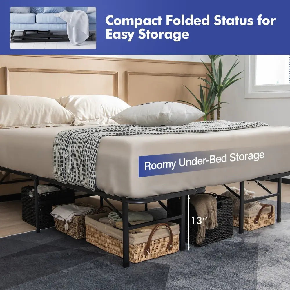 Queen/King Size Folding Steel Platform Bed Frame for Kids and Adults-King Size - Black - Folding Beds