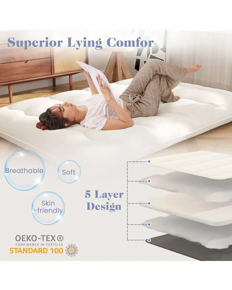 Queen/King/Twin/Full Futon Mattress Floor Sleeping Pad with Washable Cover Beige-Full Size - Beige - Mattresses
