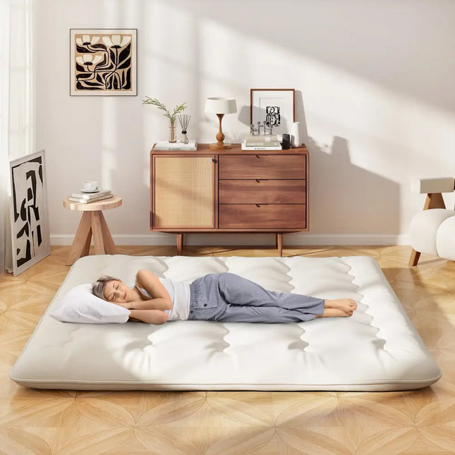 Queen/King/Twin/Full Futon Mattress Floor Sleeping Pad with Washable Cover Beige-King Size - Beige - Mattresses