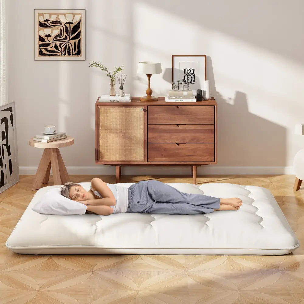Queen/King/Twin/Full Futon Mattress Floor Sleeping Pad with Washable Cover Beige-Full Size - Beige - Mattresses