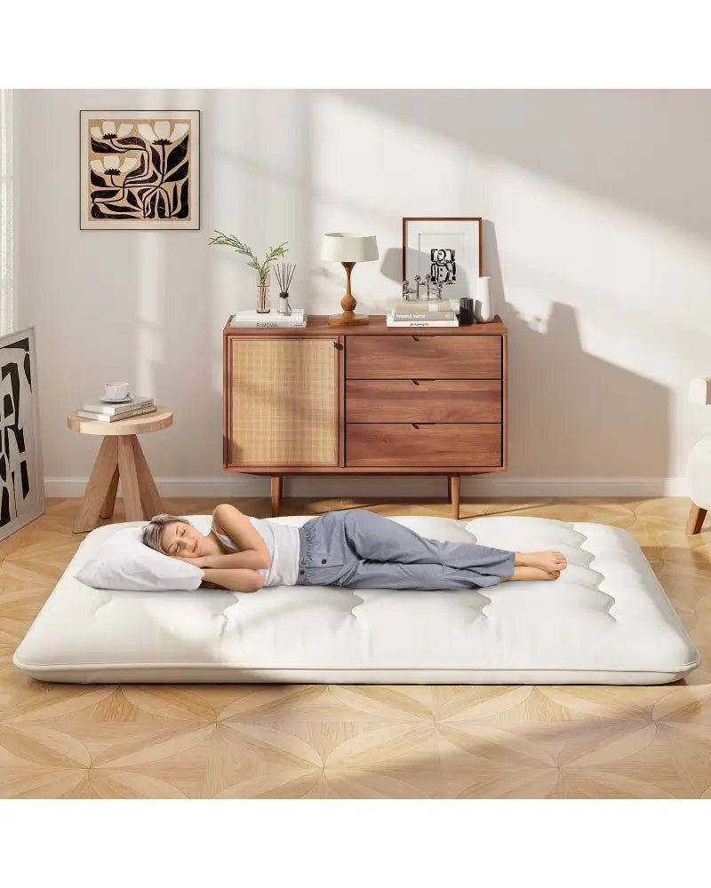 Queen/King/Twin/Full Futon Mattress Floor Sleeping Pad with Washable Cover Beige-Full Size - Beige - Mattresses
