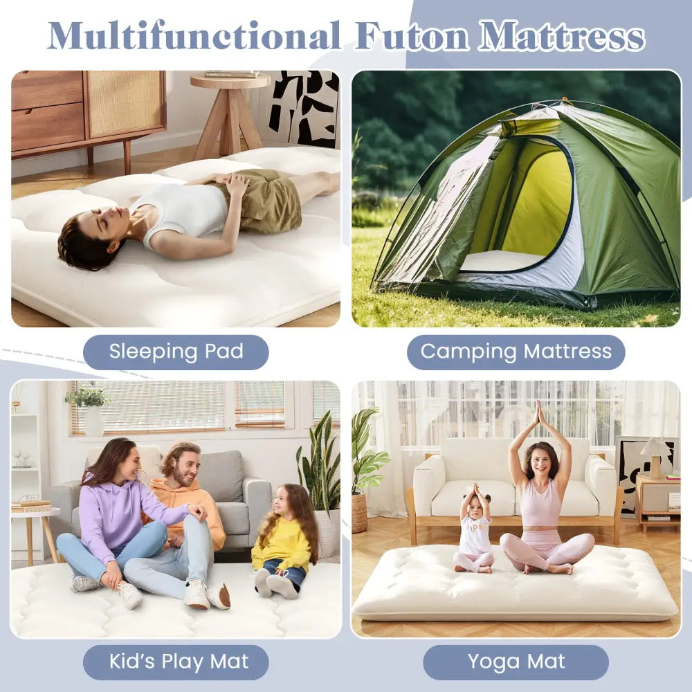 Queen/King/Twin/Full Futon Mattress Floor Sleeping Pad with Washable Cover Beige-Full Size - Beige - Mattresses