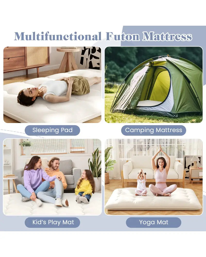Queen/King/Twin/Full Futon Mattress Floor Sleeping Pad with Washable Cover Beige-Full Size - Beige - Mattresses