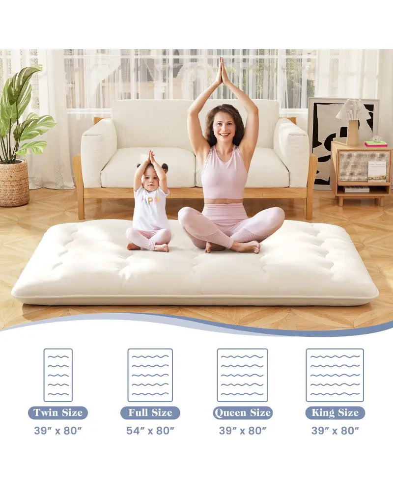 Queen/King/Twin/Full Futon Mattress Floor Sleeping Pad with Washable Cover Beige-Full Size - Beige - Mattresses