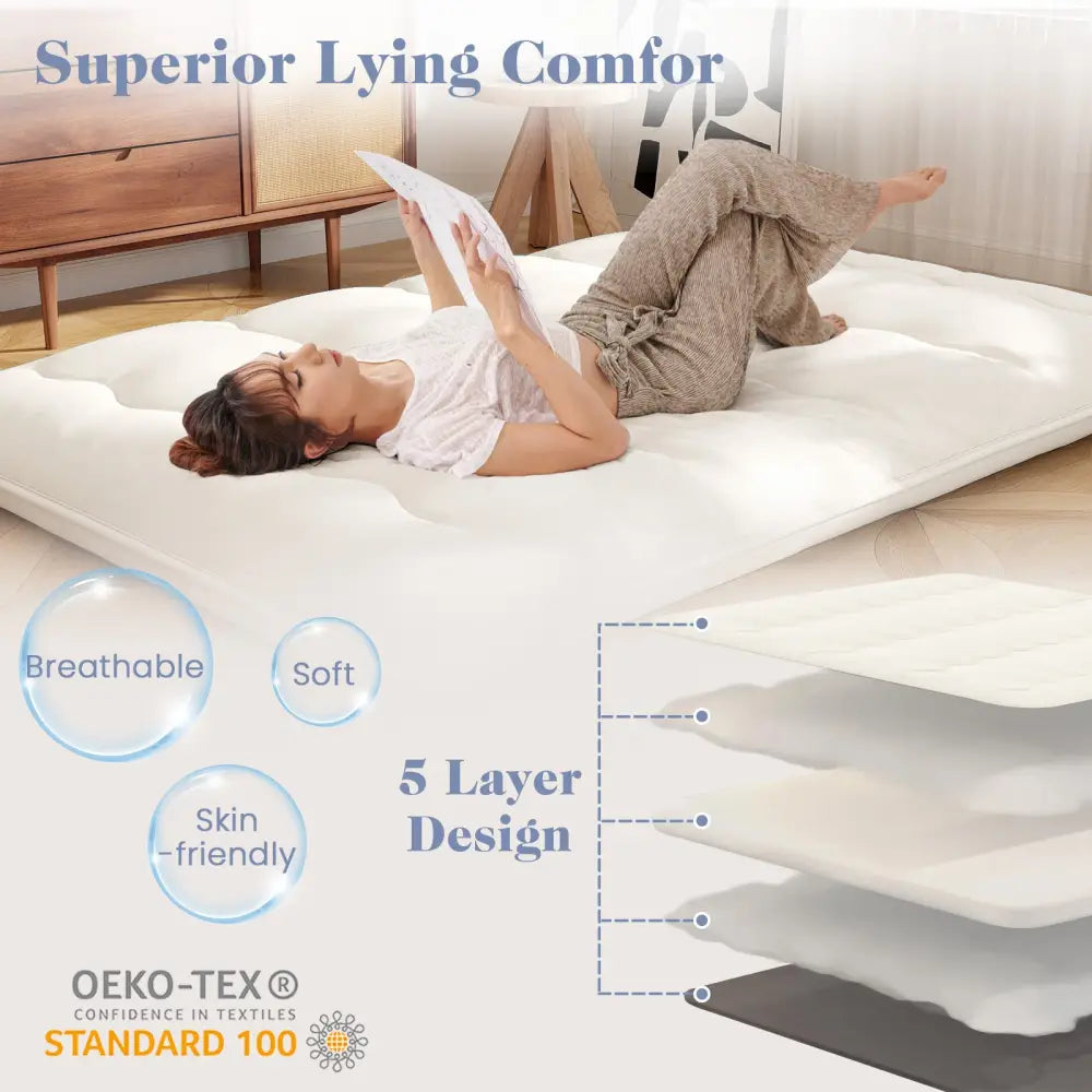 Queen/King/Twin/Full Futon Mattress Floor Sleeping Pad with Washable Cover Beige-Full Size - Beige - Mattresses
