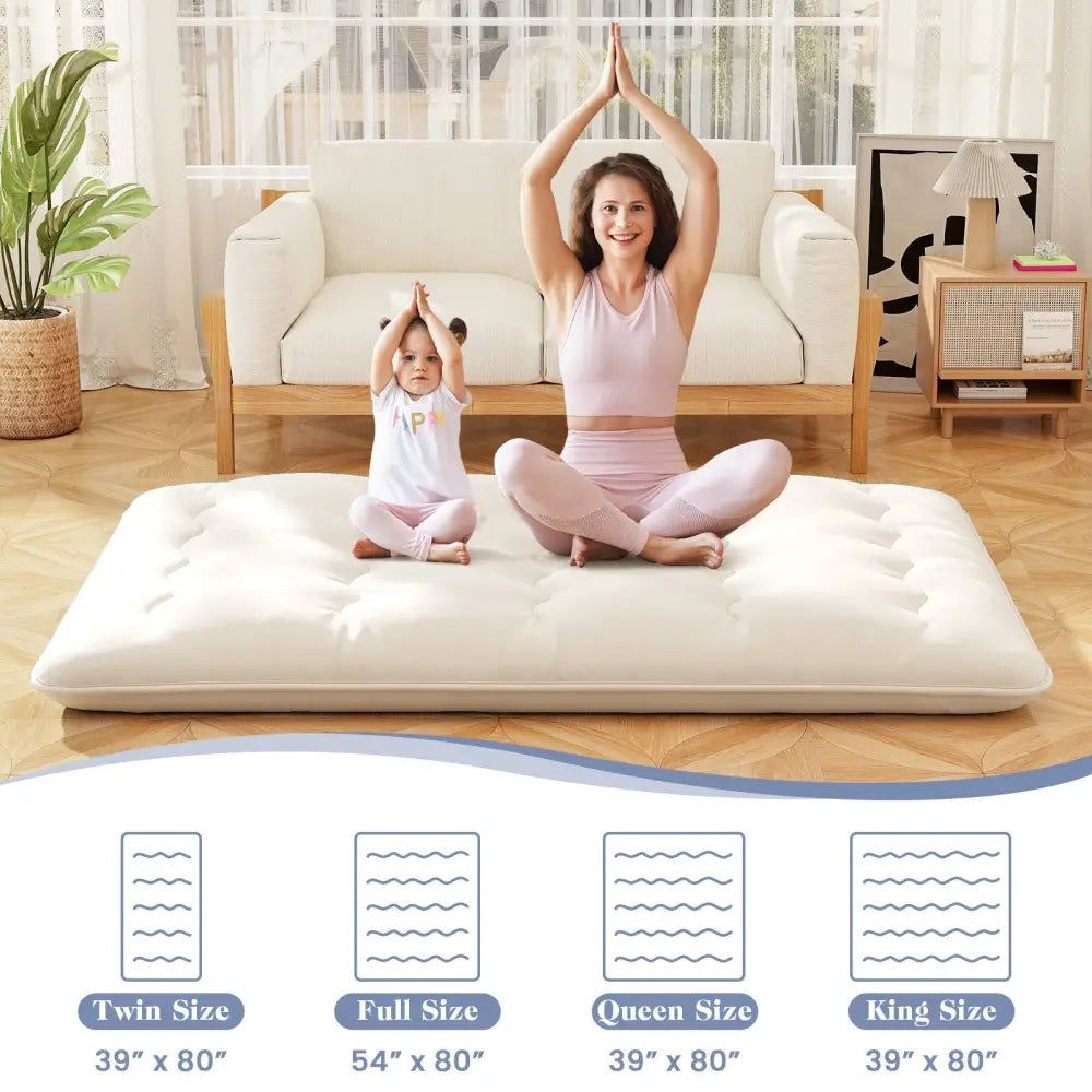 Queen/King/Twin/Full Futon Mattress Floor Sleeping Pad with Washable Cover Beige-Full Size - Beige - Mattresses