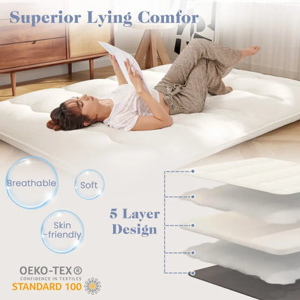 Queen/King/Twin/Full Futon Mattress Floor Sleeping Pad with Washable Cover Beige-Full Size - Beige - Mattresses