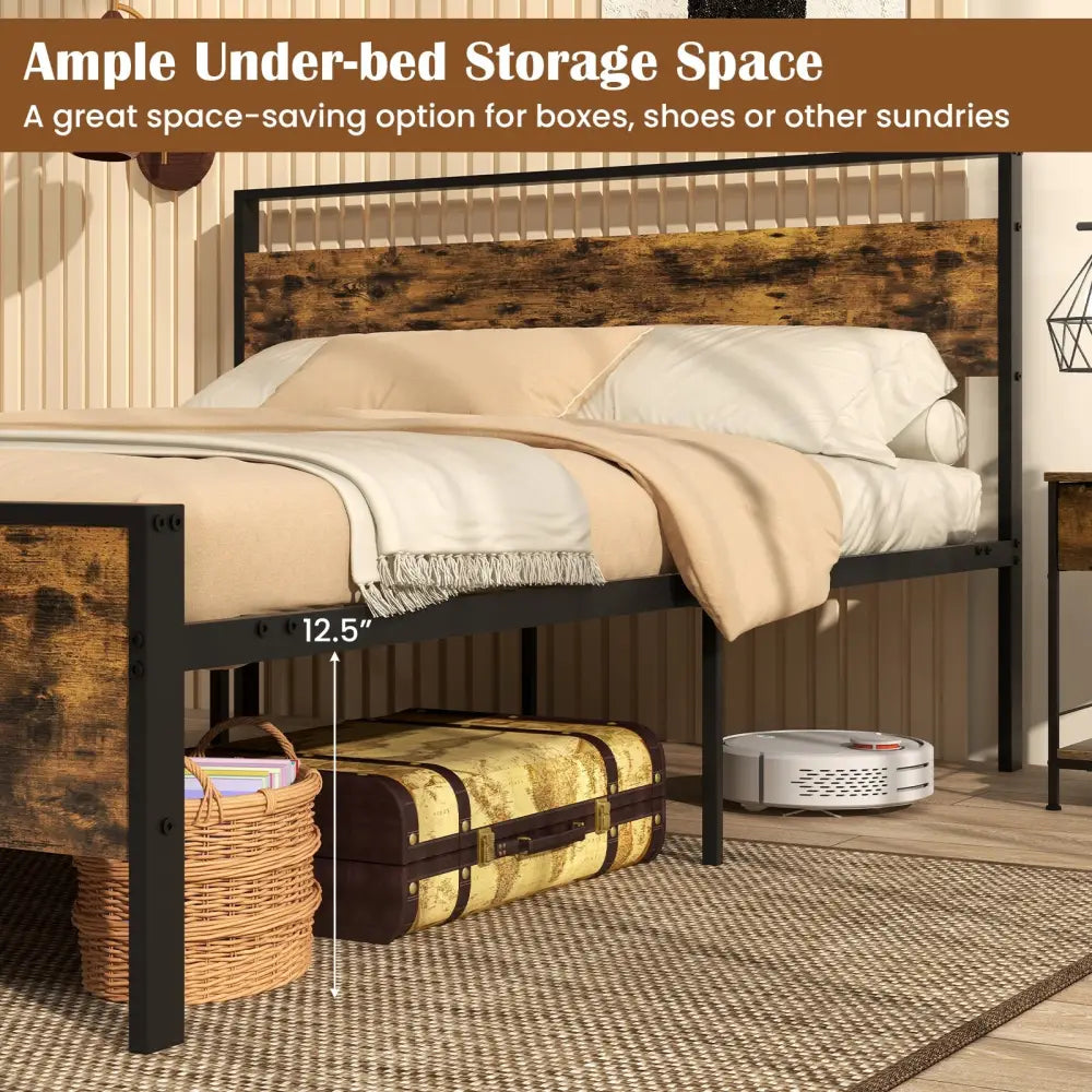 Queen Metal Bed Frame Industrial Platform Bed with Wooden Headboard-Queen Size - Rustic Brown - Simple Bed Frame