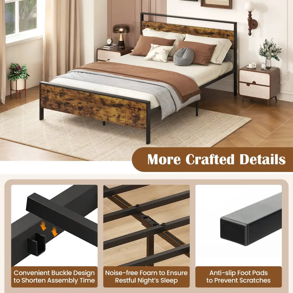 Queen Metal Bed Frame Industrial Platform Bed with Wooden Headboard-Queen Size - Rustic Brown - Simple Bed Frame