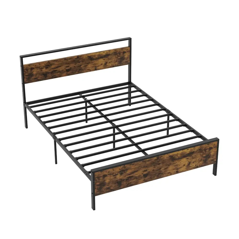 Queen Metal Bed Frame Industrial Platform Bed with Wooden Headboard-Queen Size - Rustic Brown - Simple Bed Frame