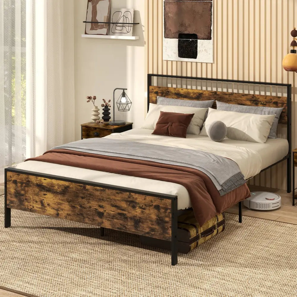 Queen Metal Bed Frame Industrial Platform Bed with Wooden Headboard-Queen Size - Rustic Brown - Simple Bed Frame