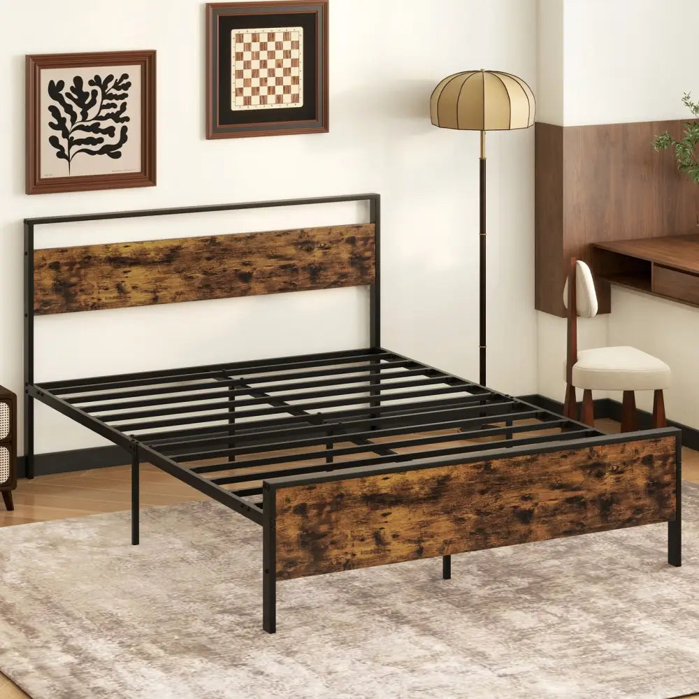 Queen Metal Bed Frame Industrial Platform Bed with Wooden Headboard-Queen Size - Rustic Brown - Simple Bed Frame