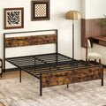 Queen Metal Bed Frame Industrial Platform Bed with Wooden Headboard-Queen Size - Rustic Brown - Simple Bed Frame