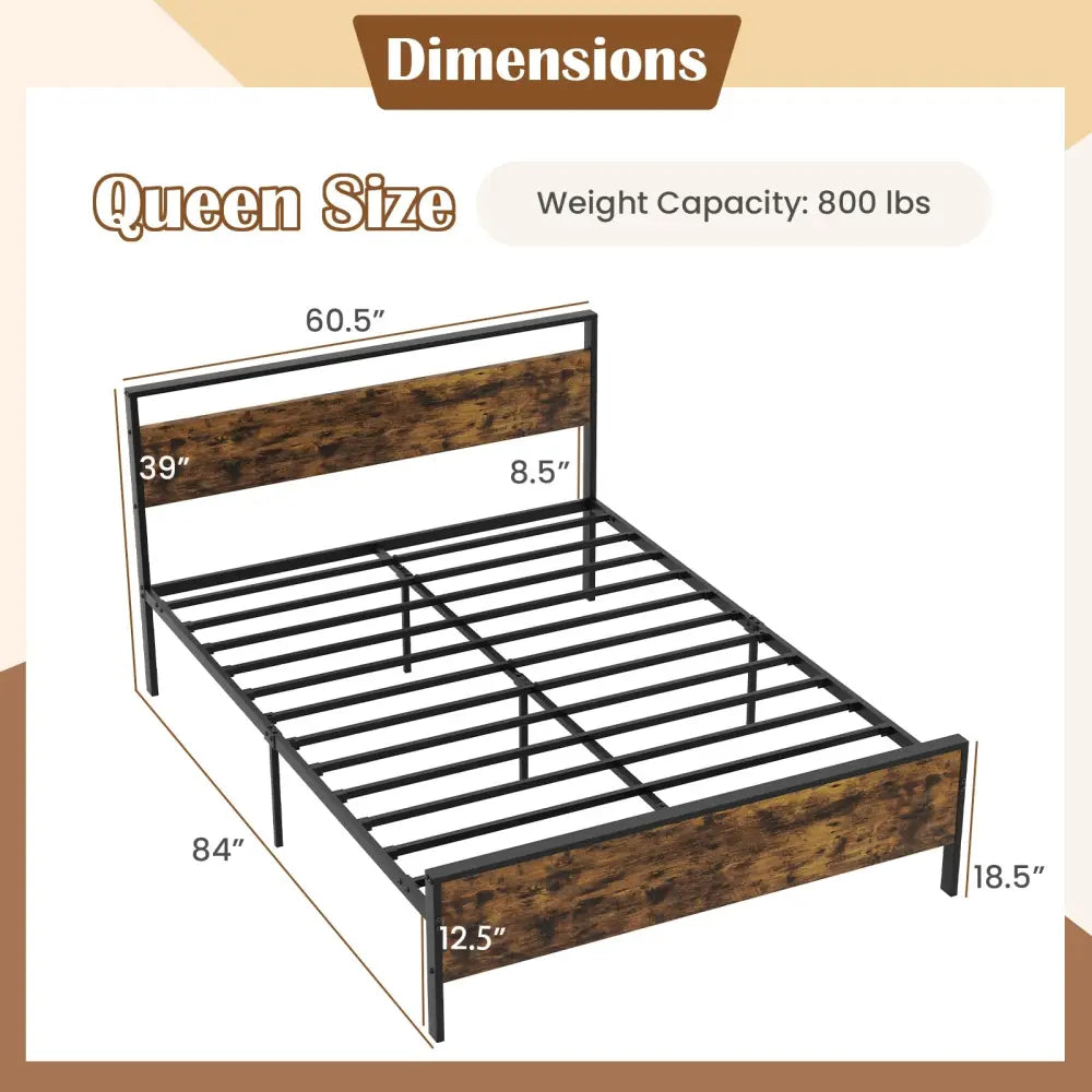 Queen Metal Bed Frame Industrial Platform Bed with Wooden Headboard-Queen Size - Rustic Brown - Simple Bed Frame