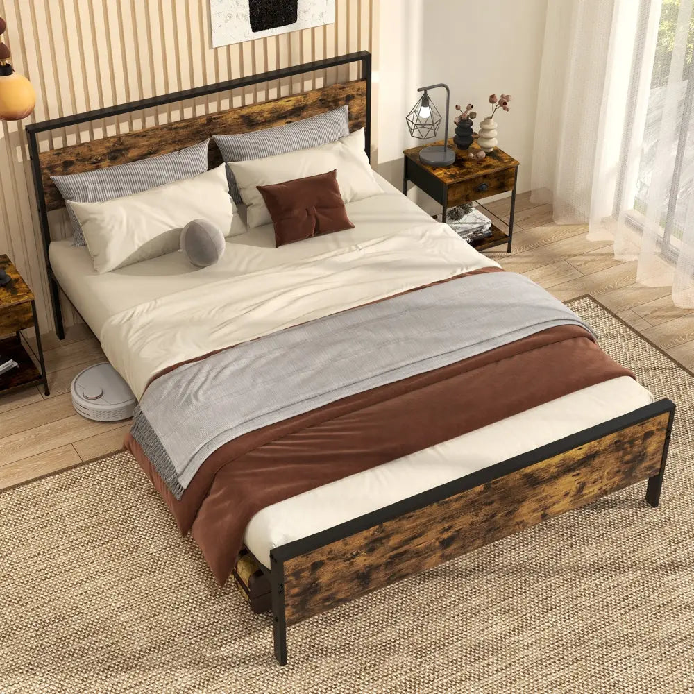 Queen Metal Bed Frame Industrial Platform Bed with Wooden Headboard-Queen Size - Rustic Brown - Simple Bed Frame