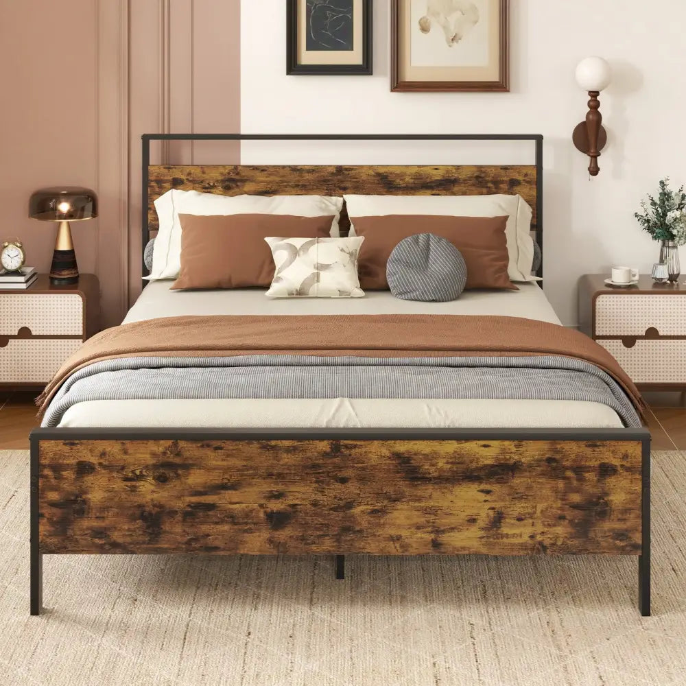 Queen Metal Bed Frame Industrial Platform Bed with Wooden Headboard-Queen Size - Rustic Brown - Simple Bed Frame