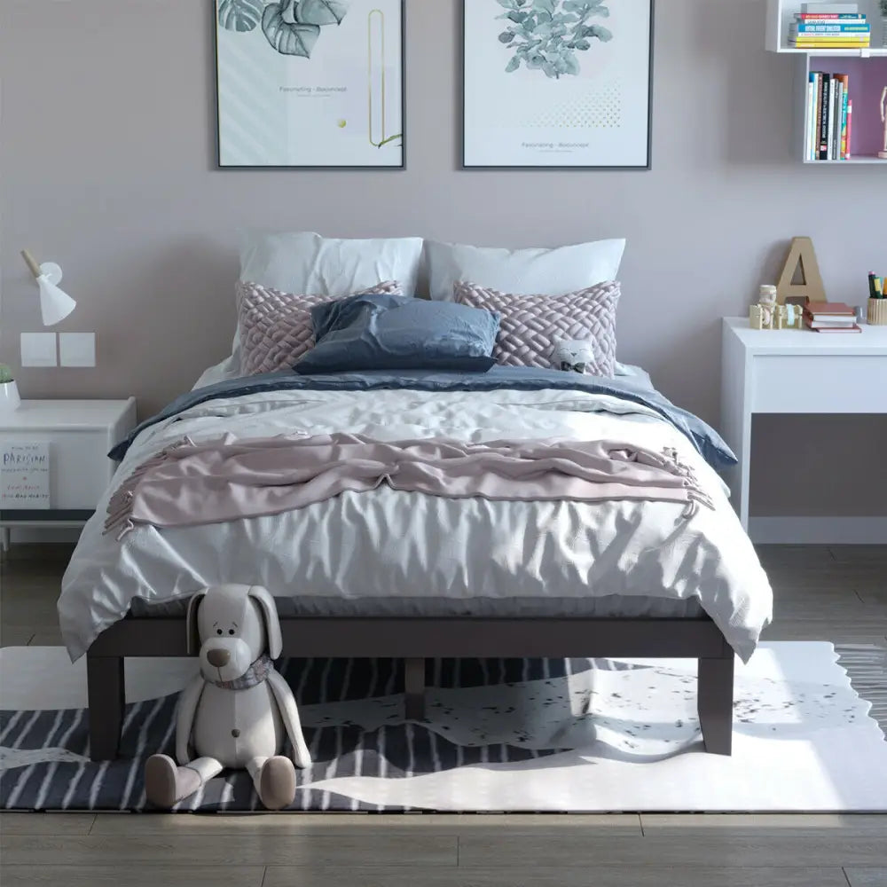 Queen Size 14 Inch Wooden Bed Mattress Frame-Brown - Brown - Simple Bed Frame