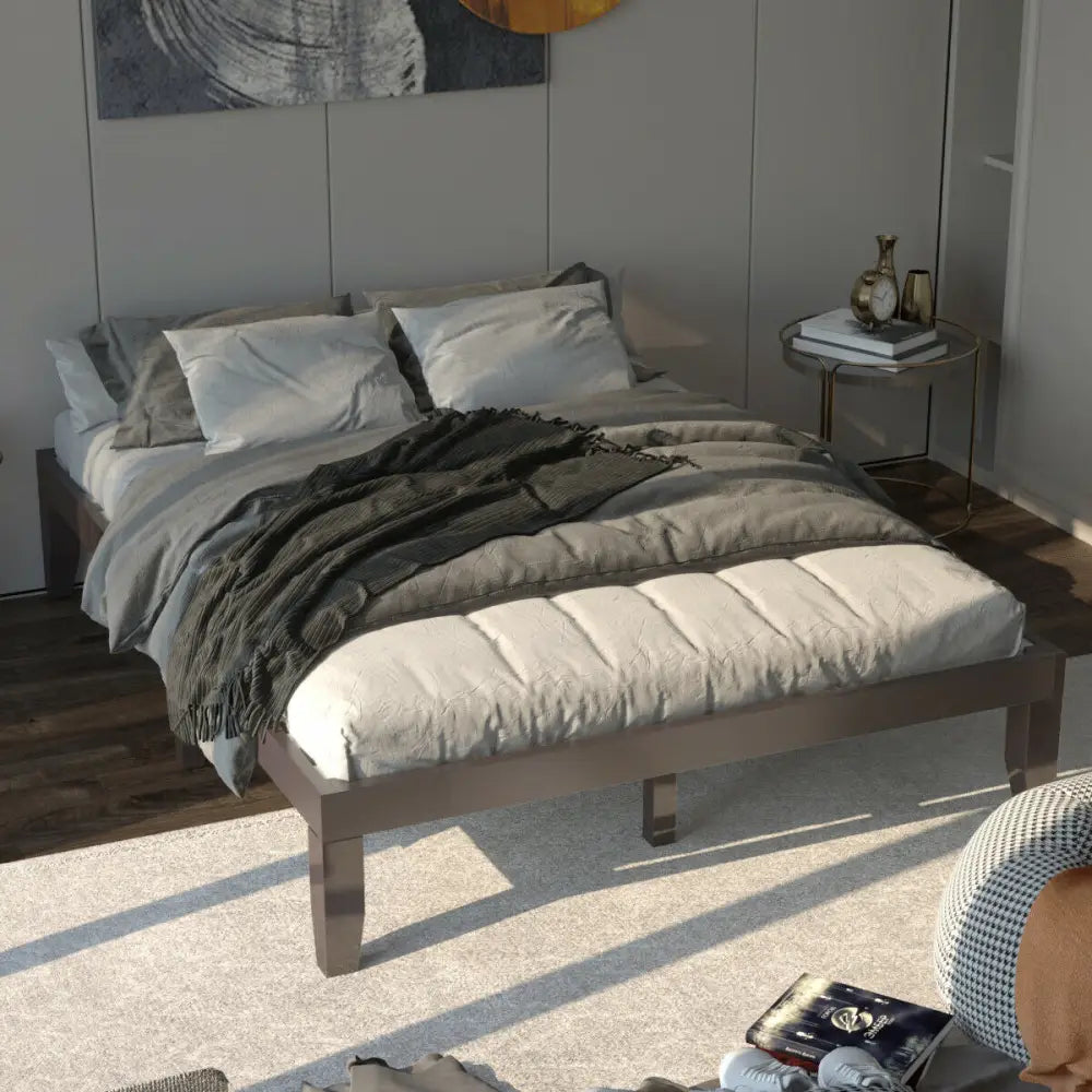Queen Size 14 Inch Wooden Bed Mattress Frame-Brown - Brown - Simple Bed Frame