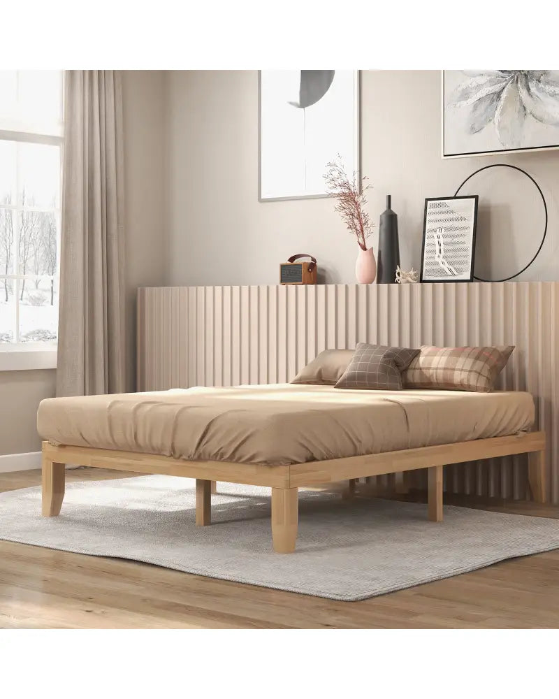 Queen Size 14 Inch Wooden Bed Mattress Frame-Natural - Natural - Simple Bed Frame