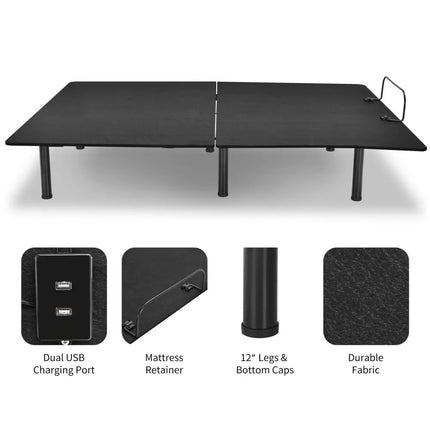Queen Size Adjustable Bed Base Frame with Wireless Remote Control - Black - Simple Bed Frame