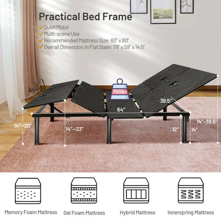 Queen Size Adjustable Bed Base with Head and Foot Incline - Black - Simple Bed Frame