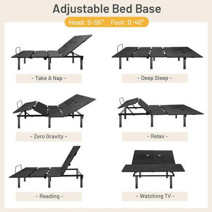Queen Size Adjustable Bed Base with Head and Foot Incline - Black - Simple Bed Frame