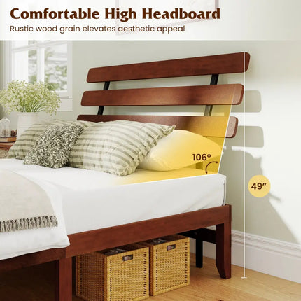 Queen Size Bed Frame 15.5 Inch Solid Wood Platform Bed with Retro Headboard - Walnut - Simple Bed Frame
