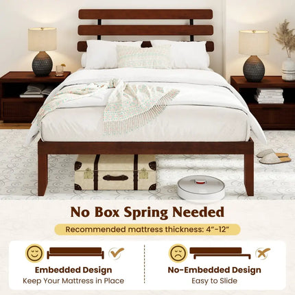Queen Size Bed Frame 15.5 Inch Solid Wood Platform Bed with Retro Headboard - Walnut - Simple Bed Frame