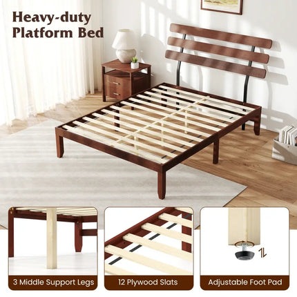 Queen Size Bed Frame 15.5 Inch Solid Wood Platform Bed with Retro Headboard - Walnut - Simple Bed Frame