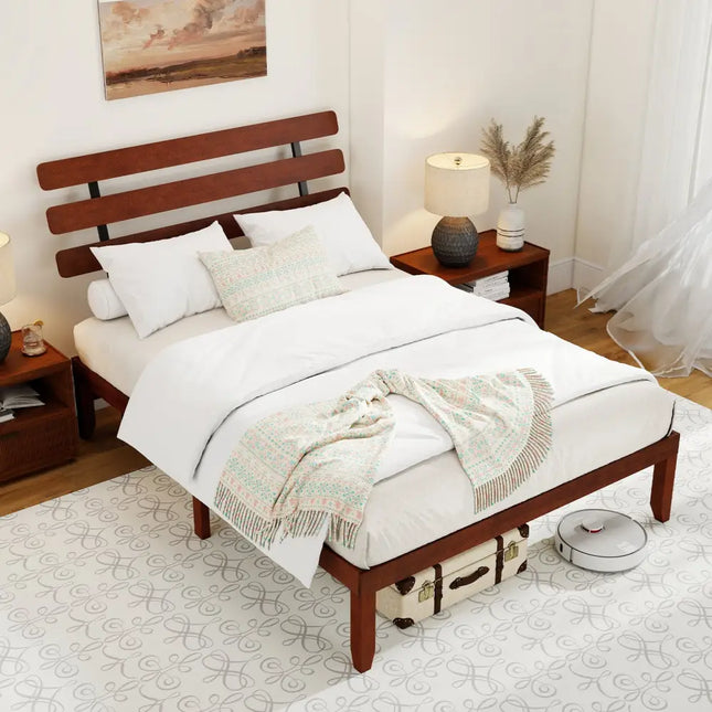 Queen Size Bed Frame 15.5 Inch Solid Wood Platform Bed with Retro Headboard - Walnut - Simple Bed Frame