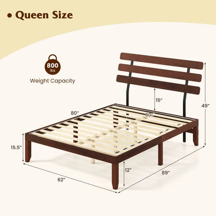 Queen Size Bed Frame 15.5 Inch Solid Wood Platform Bed with Retro Headboard - Walnut - Simple Bed Frame