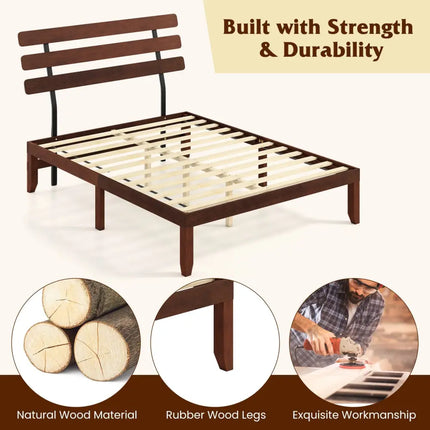 Queen Size Bed Frame 15.5 Inch Solid Wood Platform Bed with Retro Headboard - Walnut - Simple Bed Frame