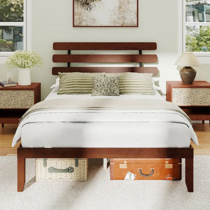 Queen Size Bed Frame 15.5 Inch Solid Wood Platform Bed with Retro Headboard - Walnut - Simple Bed Frame